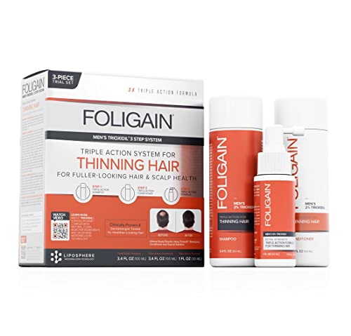 Foligain Triple Action Hair Care System For Men, Revitalizing Hair Products, 3-Piece Travel Set,13260