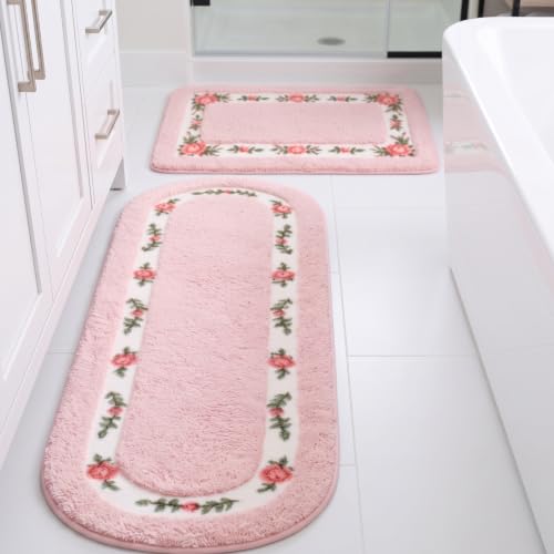 Drydiet 2 Pcs Rose Flowers Bathroom Rugs Set Coquette Room Decor Floral Rugs for...