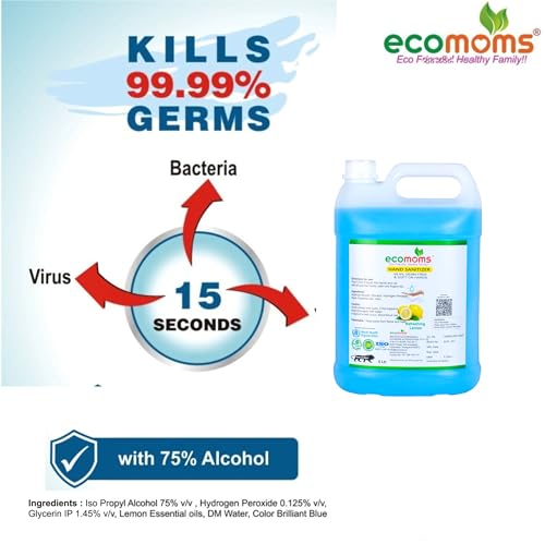 Image of Ecomoms Hand Sanitizer 5 litre - 99.99% Effective Against Germs - Alcohol | Skin Friendly and Safe for Kids | Instant Germ-Free Protection (5 litre, Pack of 1)