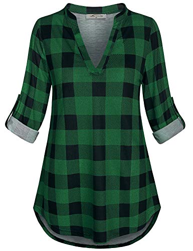 SeSe Code Trendy Tops for Women,3/4 Sleeve Long Dressy Checked Tunic Shirts Wear with Leggings Gorgeous Quarter Henely V Neck Form Fitting Top Green Plaid Large