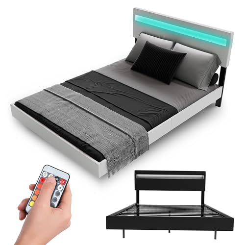 Juskys Lissabon - Cama suspendida de 140 x 200 cm con LED, somier y cabecero, diseño moderno de madera y piel sintética, para cama de matrimonio, color blanco