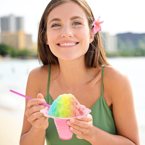 ZENFUN 100 peças de copos coloridos de cone de neve de 227 g com 100 canudos de colher, tigela de co