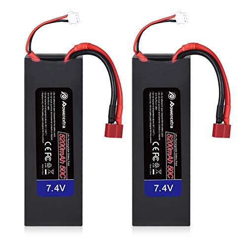 Powerextra 2 Pack Bundle 7.4V 5200mAh RC Battery, 2S 50C Lipo RC Toy Battery with Deans Plug for 1/8 1/10 RC Vehicles Car Quadcopter Trucks Airplane Boats