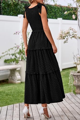 Okiwam Womens Summer Dresses 2025 Sleeveless Tie Strap Maxi Long Flowy Beach Sundresses Boho Swiss Dot Fall Wedding Dresses