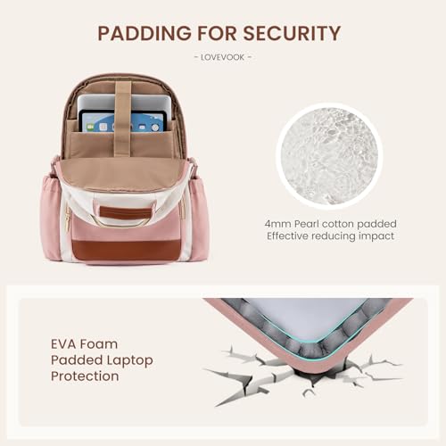 Image of LOVEVOOK Laptop Backpack for Women with Pouch Pocket for Large Capacity Cup,18 Inch Teacher Nurse College Work Backpack Purse,Waterproof Laptop Bag Computer Back Pack for Travel, Beige-Pink-Brown