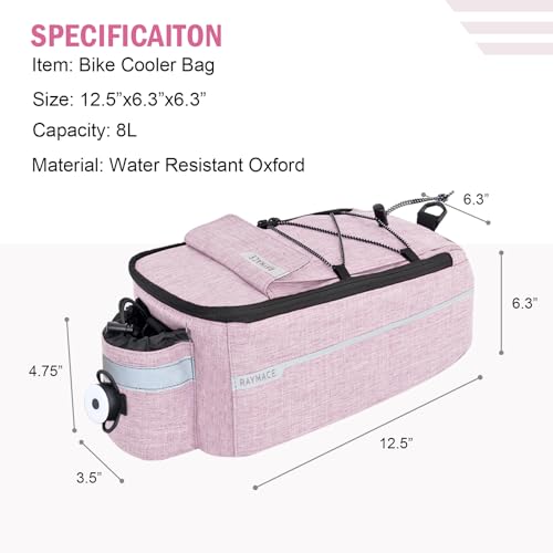 RAYMACE Bike Trunk Cooler Bag With Tail Light,Bicycle Rear Rack Bag Insulated Storage 8L,Pannier Bag (Pink)