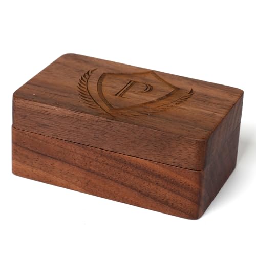 Image of Mens Initial Cufflinks and Tie Clip A-Z Alphabet Letter Black Stainless Cuff Links Tie Bar with Engraved Walnut Wood Box Groom Groomsman Wedding Set