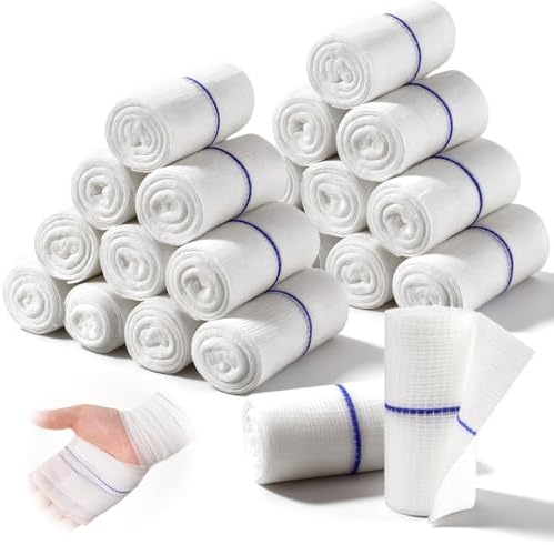 Gauze Bandage Rolls 24 Pack for Dressing All Types of Wounds Individually 3in x 4.1yd Breathable Conforming Stretch Gauze Wrap With Blue Line