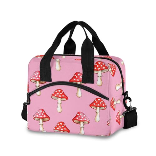 Insulated Lunch Bag Reusable Cooler Heart Mushroom Pink Lunch Box Adjustable Shoulder Strap for Office Picnic School