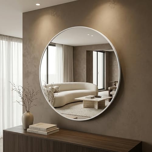 Image of HARRITPURE Round Mirror 20 inch White Wall Mounted Circle Mirrors Vanity Mirror with Brushed Aluminum Alloy Frame Modern Decoration for Bathroom, Living Room, Vanity, Bedroom, Entryway