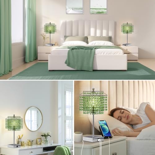 Image of Luvkczc Crystal Table Lamp with Touch Control, Bedside Crystal Table Lamp | with USB C+A Ports,Dimmable Lamp for Girls Bedroom, Living Room, Green & B11 LED Bulb Included