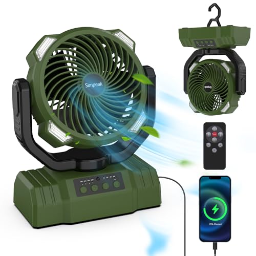 Simpeak 10000mAh Camping Fan, 4 Speeds Desk Fan Fast Air Circulating, Tent Fan with Remote Control, Rechargeable Battery Operated Powered Fan with LED Lantern & Hook, Green
