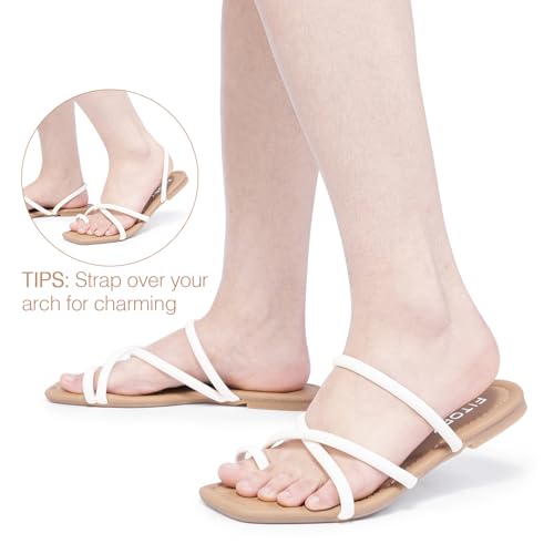 Image of FITORY Women's Slide Sandals Flat Toe Ring Thongs with Cross Strap for Summer Size 8 White