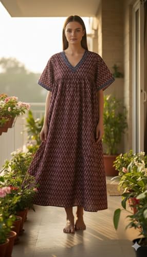 Image of Evolove Cotton Nighty Maxi for Women with Side Pocket | Floral Print Round Neck Short Sleeves Full Length Night Wear Gown