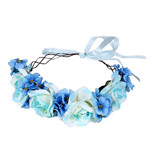 Floral Garland Crown Boho Flower Headband Hair Wreath Floral Halo Headpiece with Ribbon Wedding Party Blue by LLinfflr