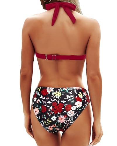 Image of Yonique Women Two Piece Bathing Suits Push Up Bikini Set Halter Swimsuit Vintage Swimwear Red and Floral XL