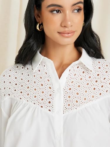 Image of Styli Women Schiffli Yoke Extended Sleeves Spread Collar Relaxed Fit Casual Shirt | Stylish Casual Shirt for Office, Party Outfits