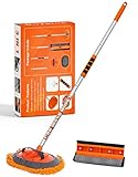Buyplus Car Wash Brush Mop with 46' Aluminum Alloy Long Handle, 3-in-1 Chenille Microfiber Car Cleaning Kit Brush Duster, Not Hurt Paint Scratch Free Window Squeegee(Orange)