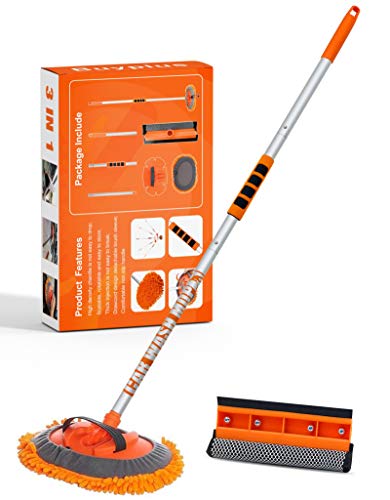 Buyplus Car Wash Brush Mop With 46" Aluminum Alloy Long Handle, 3-In-1 Chenille Microfiber Car Cleaning Kit Brush Duster, Not Hurt Paint Scratch Free Window Squeegee(Orange) #TOP19