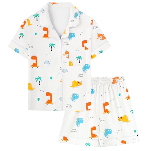 Umeyda Boys Cotton Pajamas Set, Teens Boys Sleepwear Set Kids 2 Pcs Pj Short Sleeve Pajamas Super Soft Loose Loungewear, Dinosaur, for Ages 5-6 Years = Tag 130