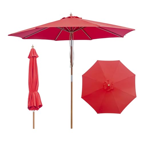 SUNNYARD 9FT Bamboo Patio Umbrella, Large Outdoor Patio Umbrella, UPF 50+ Sun Protection, Rope Pulley Lift & Push-Button Tilt, 8-Rib Ventilated for Garden, Deck, Backyard & Outdoor Dining, Red