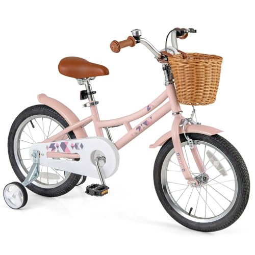 Image of BABY JOY Retro Kids Bike, 12 14 16 18 Inch Child Bike for 3-8 Years Old w /Rattan Basket, Adjustable Height, Training Wheels, Fenders, Handbrake Coaster Brake, 95% Pre-Assembled Kids Bicycle for Girls