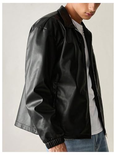 Men's Faux Leather Jacket Collar Zip Up Motorcycle PU Jackets Lightweight Outerwear Biker Vintage Coat3