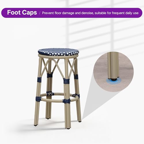 Image of PURPLE LEAF Patio Round Counter Height Stool Set of 2 Outdoor Backless Barstools Aluminum Frame in Champagne Finish with NavyBlue & White Woven Rattan for Indoor Kitchen Dining Bistros Cafe Restaurant