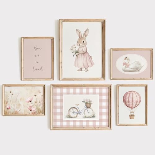 Pink Nursery Wall Art Decor Baby Girl Room Pictures Vintage Nursery Canvas Wall Decor Bunny Prints Floral Swan Poster Cute Rabbit Painting Artwork for Toddler Girls Bedroom 12x16x6 Inch Unframed