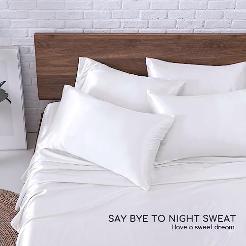 Image of MR&HM Satin Bed Sheets, King Size Sheets Set, 6 Pcs Silky Bedding Set with 15 Inches Deep Pocket for Mattress (King, White)