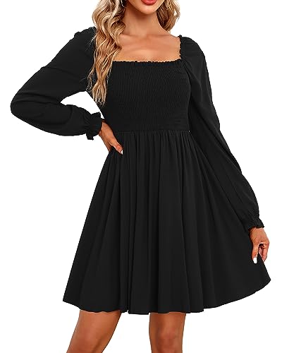 Image of Holipick Women's Casual Square Neck Smocked Dress Shirred Ruffle Puff Sleeve High Waist Cute Flowy A-Line Short Dress