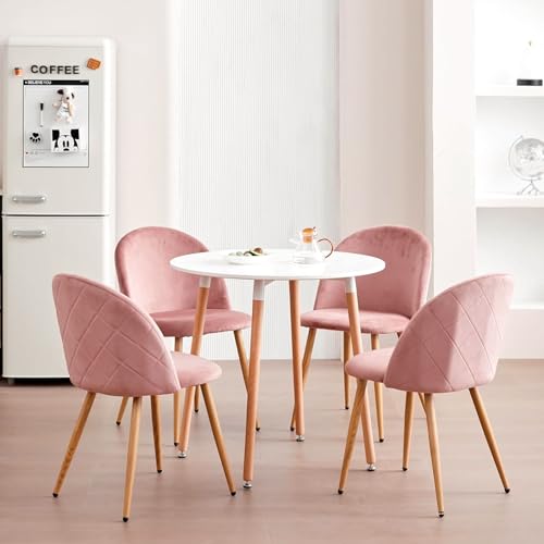 DEYARNA HOME Juego de Mesa de Comedor Redonda con 4 Sillas, Conjunto de Mesa de Comedor y 4 Sillas de Comedor de Terciopelo, Juego de Muebles de Cocina de 5 Piezas (Blanco+Rosa), 80 * 80 * 75cm