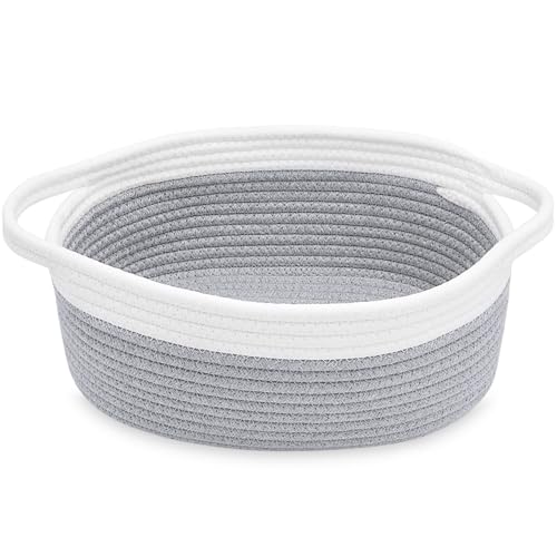 Image of ABenkle Small Basket with Handles, Boho Decorative Rope Woven Dog Cat Toy Storage Bin Shelf Storage Organizer, Easter Christmas Gift Basket, 12 inchx8 inchx5 inch, Grey