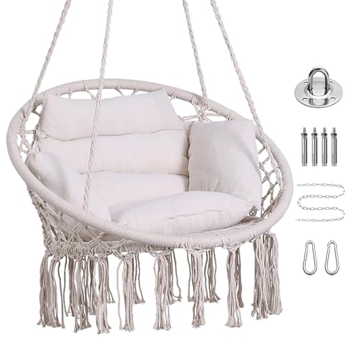 Goutime Hammock Chair, Macrame Hanging Swing Chairs with Cushion and Hardware Kit, Adult Swings for Outside,Patio,Balcony, Bedroom (Gray)
