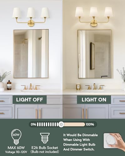 Image of Bathroom Light Fixtures, Brushed Gold Vanity Lights with Beige Fabric Shade, 3-Light Wall Sconce, Modern Sconces Wall Lighting for Hallway Bedroom, VL837-BG-B-3