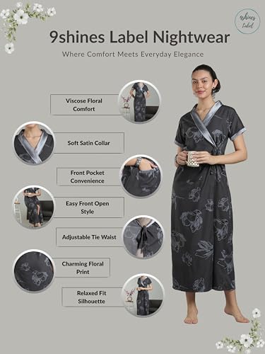Image of 9shines Label Stylish Cotton Nighty Robe for Women | Front Open Floral Housecoat | Wrap Nighty with Pocket | Adjustable Waist Tie | Plus Size housecoat (HC-2026)