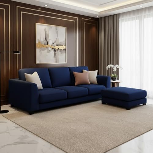 Image of FURNY Revona 4 Seater L Shape Sofa Set with Movable Ottoman | Flexible Left or Right Layout | Plush Velvet Fabric (Dark Blue) | Perfect for Living Room, Guest Room & Office