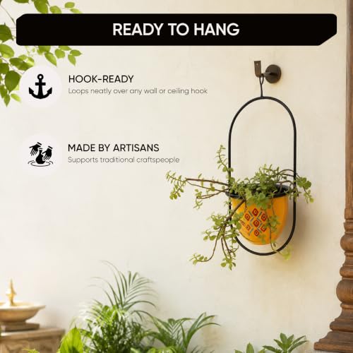Image of AAKRITI ART CREATIONS Metal Hanging Planter | Handpainted Planter, Modern Art, Yellow Glossy Finish | Outdoor & Indoor Home Decor Items | Room Decoration Artifacts, Flower Pots for Living Room