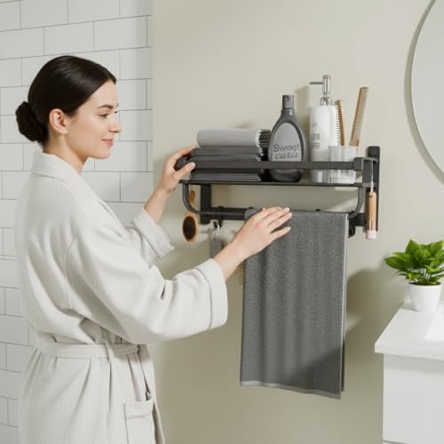 Image of Backline Aluminium Towel Rack for Bathroom | Corrosion Resistant, Anti-Peel and Scratch Resistant | Towel Holder in Bathroom with Shelf for Shampoo & Face Wash |Towel Rod with Hooks(3 Years Warrenty)