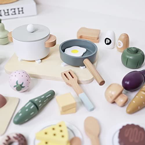 Nunukids Wooden Play Food Sets For Kids Kitchen 42 Pc Wooden Toys With Storage Basket Wood Pretend Food Play Kitchen Accessories Set #TOP3