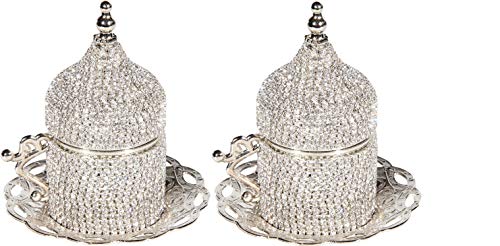 2 X Turkish Coffee Espresso Cup with Inner Porcelain, Metal Holder, Saucer and Lid and decorated with silver stones