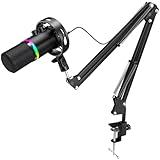 Yanmai Gaming Microphone, Dynamic RGB PC Microphone for Noisy Room Streaming Podcast, XLR/USB Computer Mic Kit with Sturdy Anti-Vibration Boom Arm, Silent Tap-to-Mute, Headphone Jack.