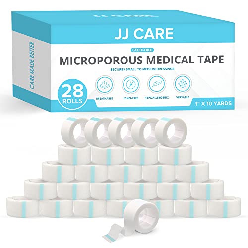 JJ CARE Ruban microporeux, 2,5 cm x 10 m, ruban adhésif en papier respirant à usage médical, ruban chirurgical en papier sans latex, rouleaux de ruban adhésif en boîte individuelle (lot de 28) Cover