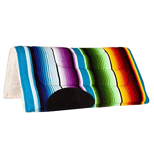 EquiSportsProducts Mustang Serape Pony Pad 22 x 22 Zoll (55 x 55 cm) – Sattelpad aus handgewebter Wolle mit Fleece-Unterseite, stoßdämpfend & druckverteilend, bunt