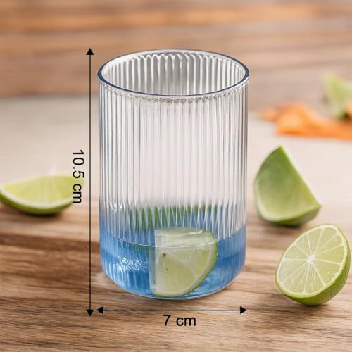 Image of AKX Unbreakable Transparent Plastic Glass Set of 6 (300 ml) | Casa Style Ribbed Drinking Glasses for Water, Juice, Faluda, Milkshake | BPA Free Reusable Drinkware | Made in India