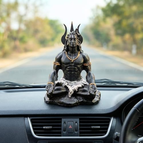 Image of Mahayogi Shiva Meditation Resin Statue for Home Decor, Car Dashboard & Office Desk - Premium Black Matte Finish with Golden Beads | Spiritual Showpiece | 8x7x10 cm