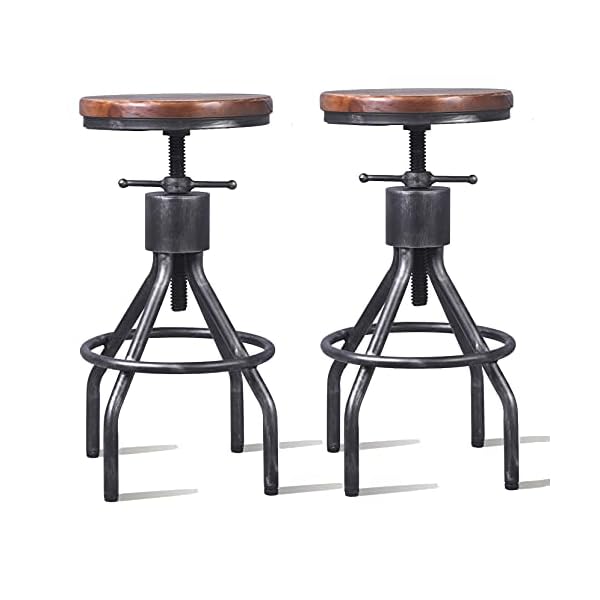 LOKKHAN Set of 2 Industrial Bar Stool-Vintage Adjustable Round Wood Metal Swivel Bar Stool-Cast Iron-23-30 Inch Tall Counter Bar Height Farmhouse Kitchen Stools