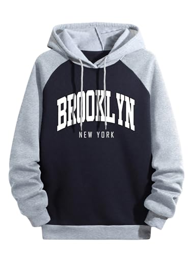 Men's Letter Graphic Hoodie Sweatshirts Color Block Drawstring Long Sleeve Hooded Sweatshirt