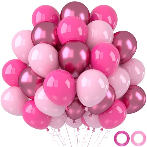 QIFU Pink Balloons, 52pcs Hot Pink Balloons, 12 Inch Pastel Balloon Metallic Latex Balloon with Mixed Color for Baby Shower Girl Princess Barbie Theme Birthday Wedding Engagement Christening Party