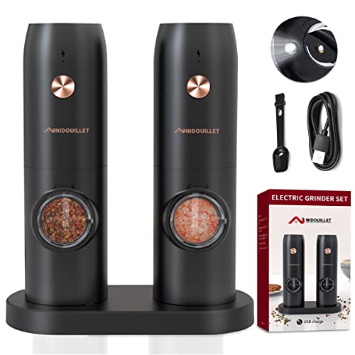 Nidouillet Electric Salt And Pepper Grinder Set, 2 Pack Rechargeable Salt Pepper Grinder Set, Black Refillable Automatic Mills Shaker With Led Light,5 Adjustable Coarseness, One-Handedoperation #TOP7